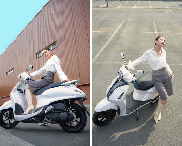Để tăng thêm phần cá tính, Mai Phương chọn xe Yamaha Grande 2022 màu trắng  “matching” cùng outfit.