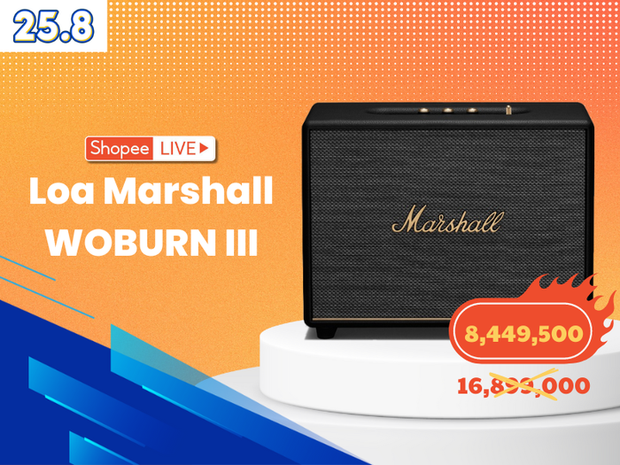 Chiếc loa Marshall WOBURN III Homeline sở hữu hiệu suất âm thanh sống động và bùng nổ, mang lại những giây phút thăng hoa cùng âm nhạc, sản phẩm giảm 50% trên sóng Shopee Live còn hơn 8 triệu đồng.