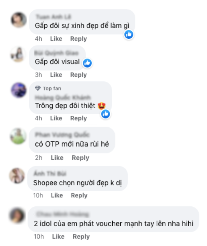 Màn ghép đôi tài tình này của Shopee nhận được cơn mưa lời khen từ người hâm mộ của cả đàng trai và đàng gái. Cũng phải thôi, cả hai idol không những xinh đẹp “hết nước chấm” mà còn hợp sức tung voucher nhiệt tình để fan thỏa sức mua sắm trong dịp siêu sale 9.9 sắp tới. 