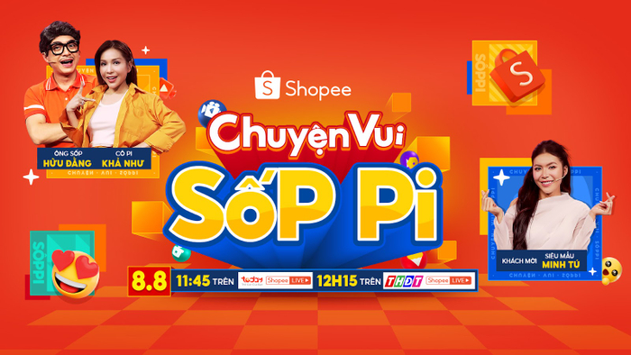 Đón xem “Chuyện Vui Sốp Pi” vào lúc 11H45 trên kênh TodayTV, phát lại vào 12H15 cùng ngày trên Đài Truyền hình Đồng Tháp, và livestream đồng thời trên ứng dụng Shopee vào cả hai khung giờ ngày 8.8.