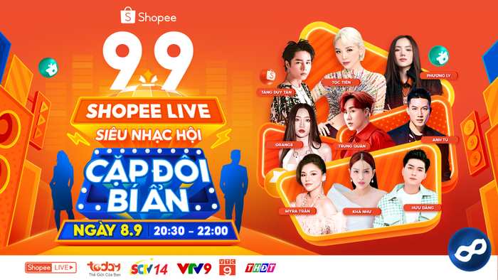 “Shopee Live 9.9 Siêu Nhạc Hội - Cặp Đôi Bí Ẩn” mùa 2 diễn ra từ 20H30 ngày 8.9.2023 trên các kênh VTV9, VTC7, Today TV, Truyền hình Đồng Tháp, SCTV14, VTC9 và livestream đồng thời trên ứng dụng Shopee.