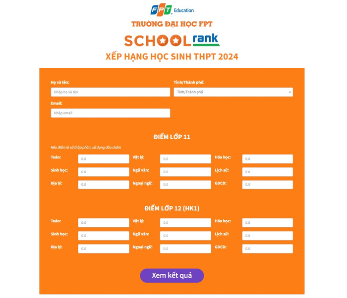 Giao diện trang web tra cứu xếp hạng học tập SchoolRank