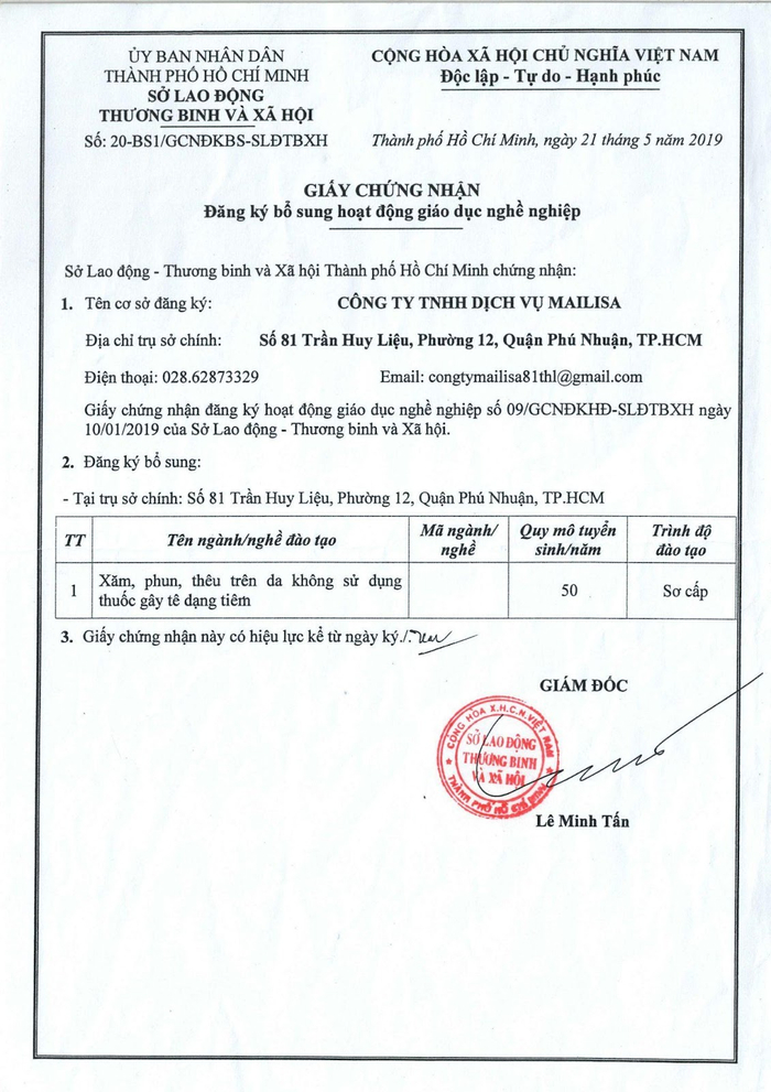 Giấy phép hoạt động của cơ sở đào tạo thẩm mỹ Mailisa