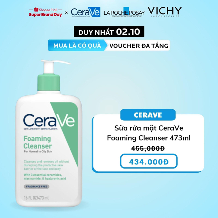 Sữa rửa mặt CeraVe Foaming Cleanser đang có giá “cực yêu” tại sự kiện “Ngày Siêu Thương Hiệu L'Oreal”. Mua ngay kẻo lỡ!