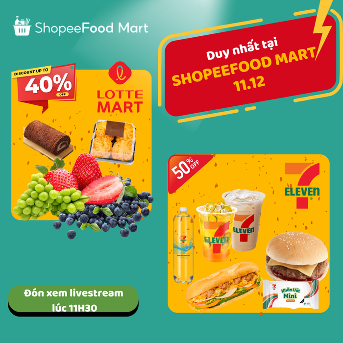 Nạp thêm năng lượng cho ngày giữa tuần bận rộn với thực đơn “signature” từ 7-Eleven và tráng miệng bằng nho mẫu đơn và bánh bông lan ngọt ngào từ LOTTE Mart với giá giảm độc quyền trên ShopeeFood Mart.