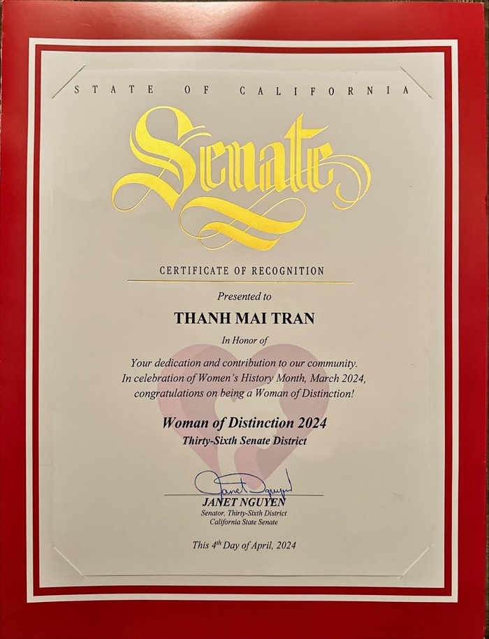 Bằng Vinh danh của Hoa hậu Thanh Mai do Văn phòng Thượng nghị sĩ tiểu bang Califonia trao tặng.