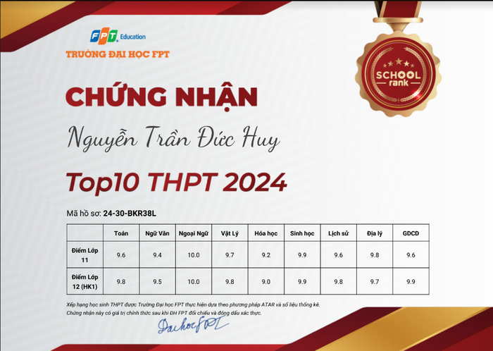 Với chứng nhận lọt Top 10 Schoolrank cùng nhiều thành tích học tập ấn tượng, Huy đã thành công chinh phục học bổng trị giá 100% vào giảng đường mơ ước - Trường ĐH FPT.