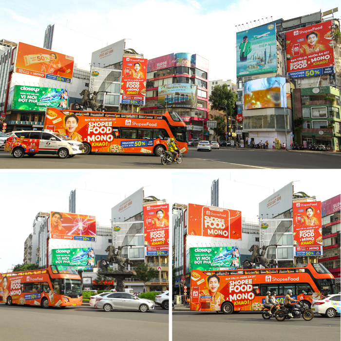Không hẹn mà gặp, “bộ tứ siêu đẳng” gồm bộ biển quảng cáo, xe buýt 2 tầng, và taxi của ShopeeFood rủ nhau chiếm trọn spotlight khu vực ngã sáu Phù Đổng.
