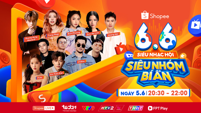 Shopee 6.6 Siêu Nhạc Hội - Siêu Nhóm Bí Ẩn sẽ phát sóng lúc 20H30 ngày 5.6 trên ứng dụng Shopee và các kênh TodayTV, VTV9, HTV2, Truyền Hình Đồng Tháp và FPT Play. 
