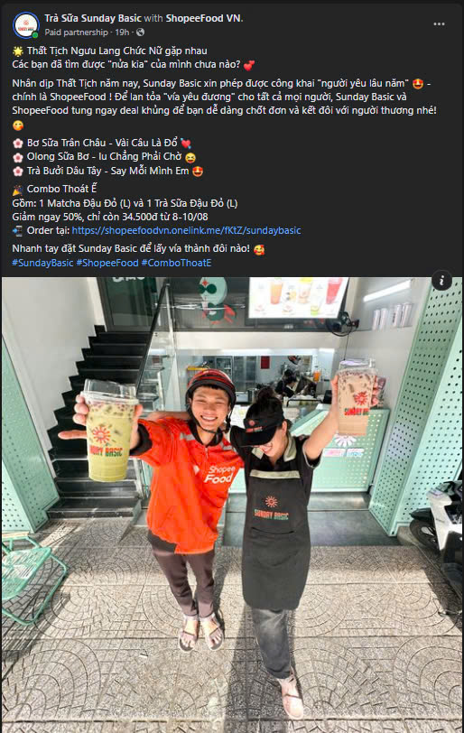 Ngoài ra, thương hiệu Sunday Basic cũng tung ra combo Matcha đậu đỏ (size L) và Trà sữa đậu đỏ (size L) với giá giảm độc quyền chỉ còn 34.5000 đồng, duy nhất chỉ có tại ShopeeFood. 