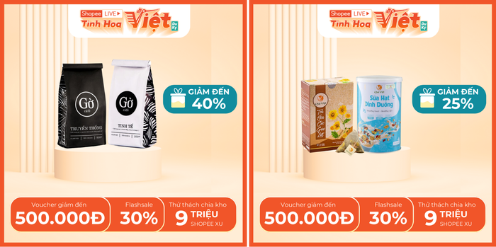 Cà phê rang xay mộc Robusta và Sơn La của thương hiệu Gờ Cafe và các sản phẩm trà hoa cúc gạo lứt, sữa hạt dinh dưỡng của Quê Việt lên sóng ngày 15.9!