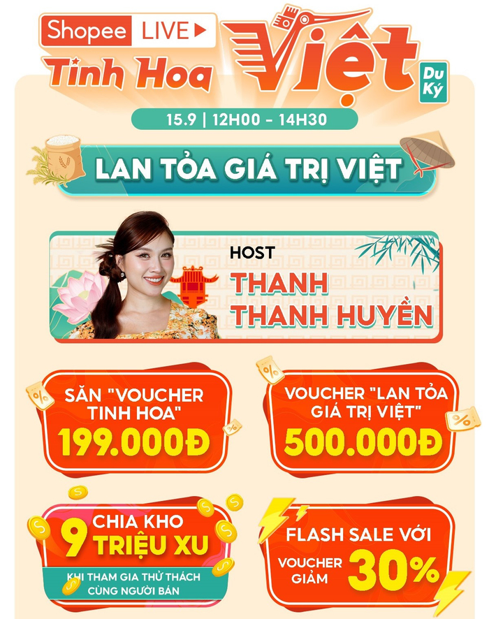 Chương trình sẽ lên sóng Shopee Live lúc 12H - 14H30 ngày 15.9.