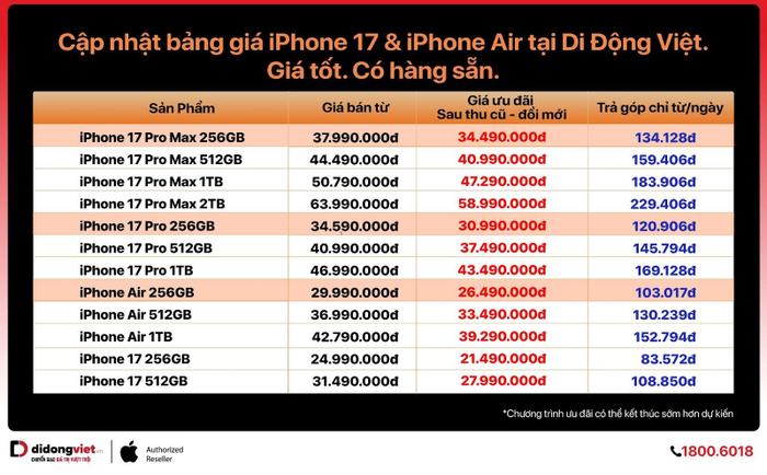 Bảng giá iPhone 17, iPhone Air mới nhất tại Di Động Việt.