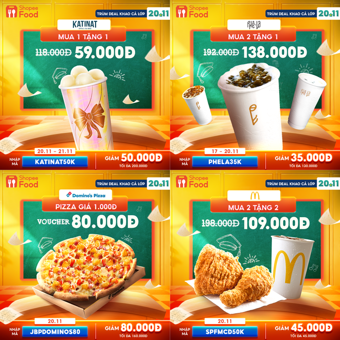 Từ deal thương hiệu giảm 50%, đến loạt mã giảm giá “xinh yêu”, ShopeeFood sẵn sàng cùng bạn bung xõa dịp 20.11.