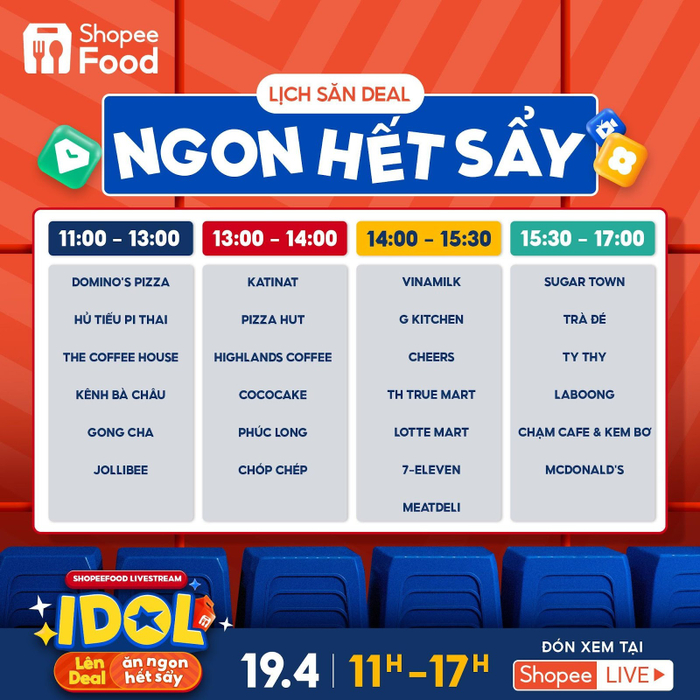 Nhanh tay bỏ túi lịch săn deal Ngon Hết Sẩy tại ShopeeFood livestream 19.4 để thỏa sức thưởng trọn món ngon với giá giảm độc quyền bạn nhé!