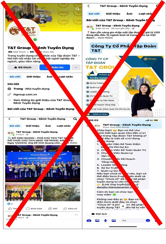 Trang fanpage “T&T group – Kênh tuyển dụng” mạo danh T&T Group trên mạng xã hội để lừa đảo, chiếm đoạt tài sản