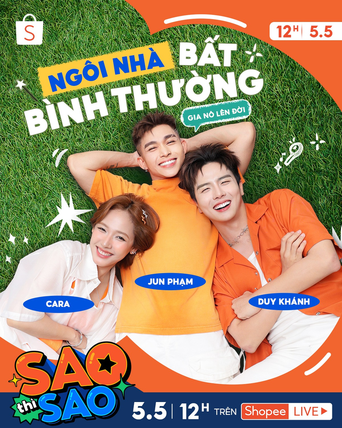 Đặt lịch hẹn vào lúc 12H ngày 5.5 để gặp gỡ Jun Phạm, Duy Khánh và Cara và săn đồ hiệu tại livestream “Sao thì Sao” trên Shopee Live.