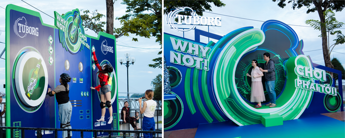 Đáp lại lời mời nhập cuộc vui 'chơi phải tới' của Tuborg, các khán giả trẻ thi nhau tranh tài trong loạt thử thách để làm nóng cơ thể.