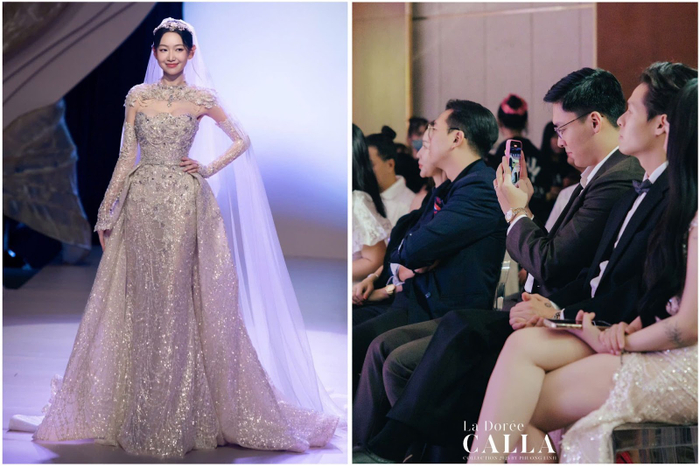 Chú rể không giấu được sự tự hào và hạnh phúc khi chiêm ngưỡng vợ mình từ hàng ghế khán giả