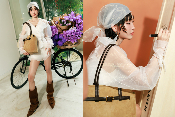 Ca sĩ, Em xinh Juky San check-in cùng xe hoa truyền thống và ký tên tại Crate Signing, cô nàng chọn Victoria Belted Trapeze Tote Bag và Gael Studded Knee-High Boots da lộn làm điểm nhấn cho outfit của mình