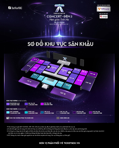 Khu vực Sky Lounge tại Concert Tinh Hà “Say Hi” dành trọn 1/2 phân khu cho Khách hàng Cao cấp TPBank, mở ra trải nghiệm riêng tận hưởng trọn vẹn đêm nhạc.