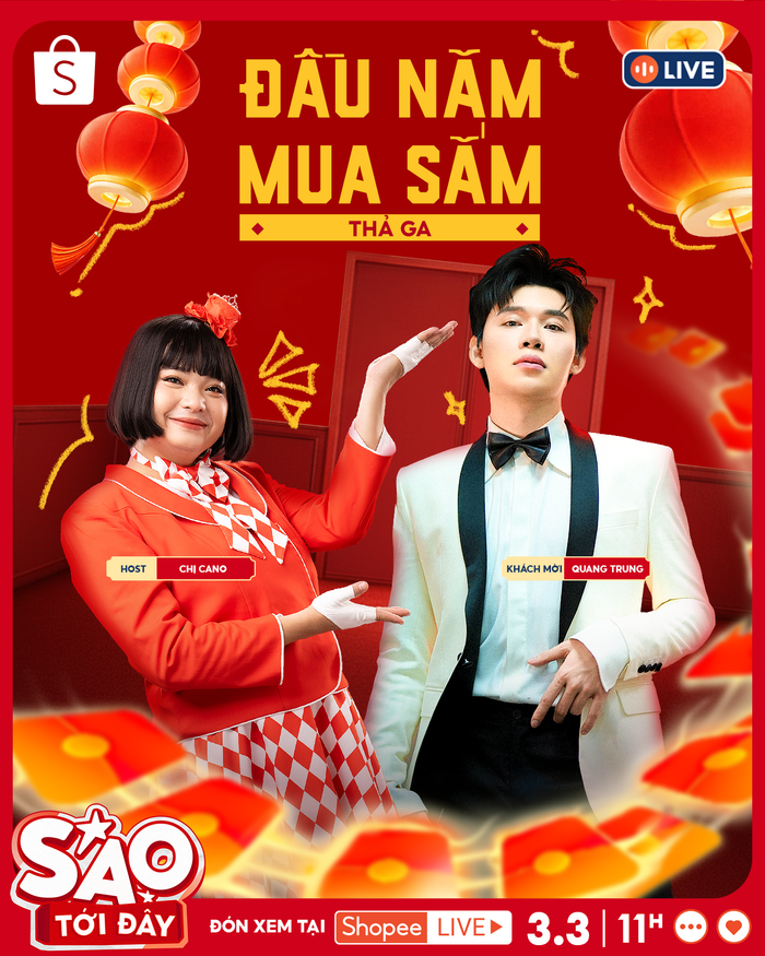 Shopee Live mở bát hoành tráng cùng phiên livestream “tiệc tùng đầu năm” với chủ xị Chị Cano và khách mời Quang Trung.