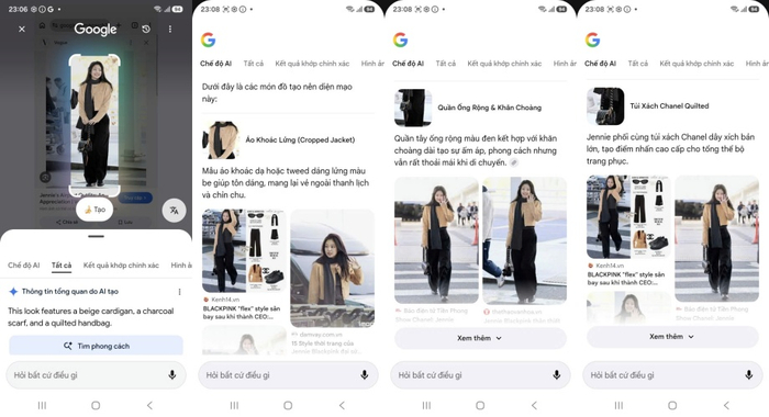 Thông tin về set đồ sân bay của Jennie được tính năng Find The Look (CTS 3.0) trên Galaxy A57/A37 5G mô tả chính xác