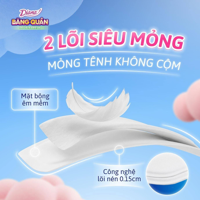 Thiết kế lõi siêu mỏng của Diana băng quần 2 lõi Double Fresh giúp giảm cảm giác cộm, phù hợp với nhu cầu sử dụng linh hoạt vào ban ngày.
