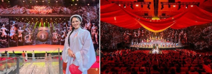 Khoảnh khắc lá cờ đỏ sao vàng được kéo lên ở cuối show diễn trở thành điểm nhấn gây xúc động cho Hoa hậu Ngọc Thanh và khán giả. Ảnh: Vinpearl.&nbsp;