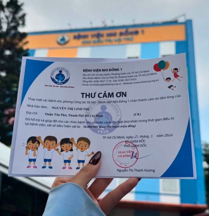 Thư cảm ơn từ Bệnh viện Nhi Đồng 1 ghi nhận những đóng góp thiết thực vì bệnh nhi khó khăn của nhà sáng tạo nội dung Linh Nhi