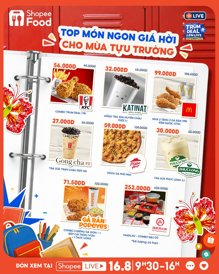 Trùm Deal Lên Live 16/8 diễn ra từ 9h30 đến 16h, mang đến loạt deal món ngon giảm đến 50% dành cho những tín đồ gà rán, trà sữa, mì cay và đồ ăn vặt.