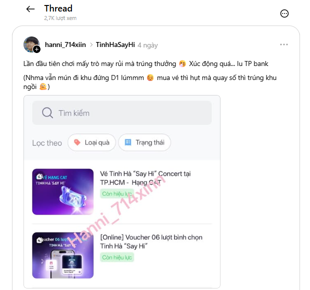 Khách hàng may mắn săn thành công vé concert Tinh Hà 'Say Hi' và voucher bình chọn nhờ các chương trình trên App TPBank.