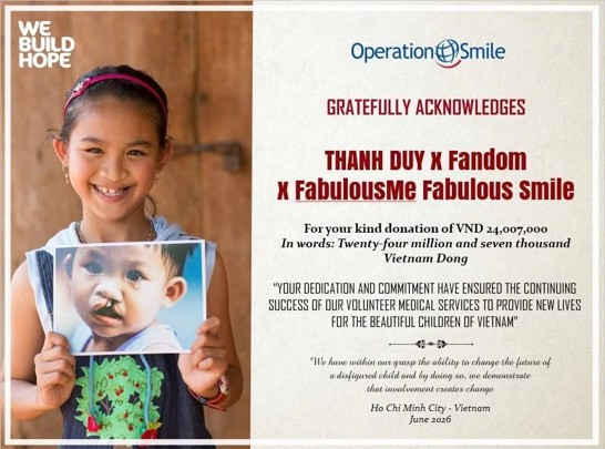 Thư ghi nhận của Operation Smile cho khoản đóng góp 24.007.000 đồng từ Thanh Duy Fandom × FabulousMe Fabulous Smile.