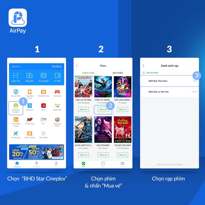 Chọn biểu tượng BHD Star Cineplex tại màn hình chính của ví AirPay.