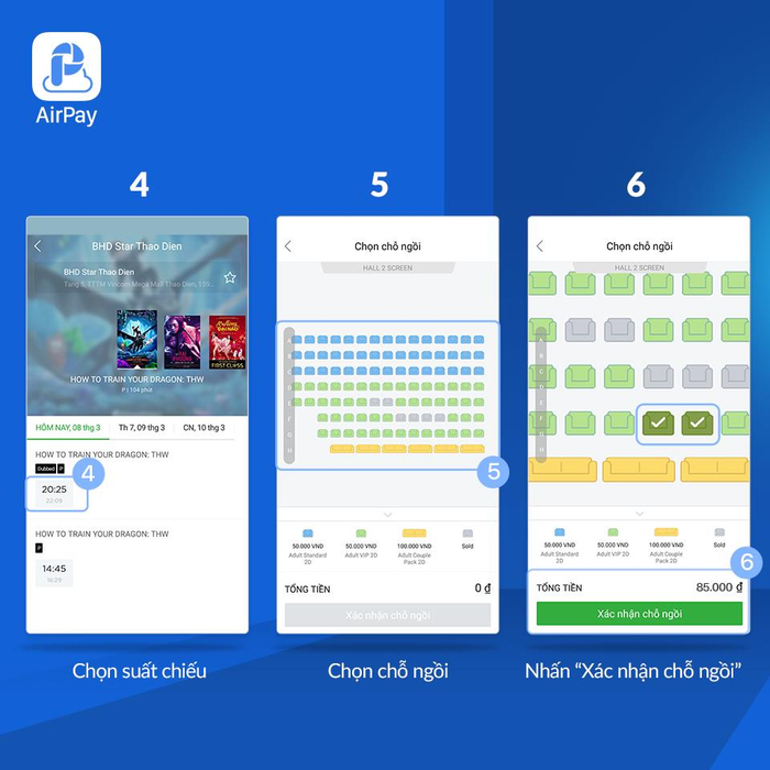 Lần lượt chọn tên phim, suất chiếu và ghế ngồi như mong muốn.