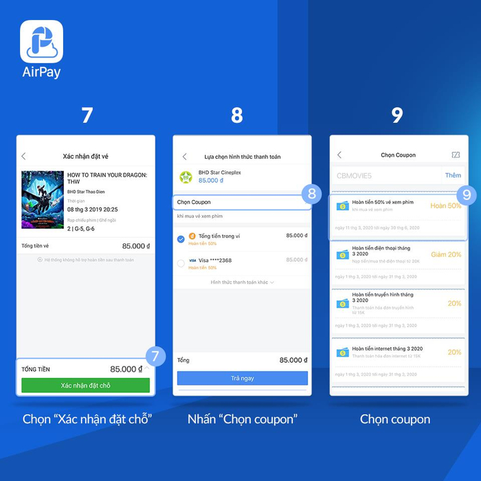 Kiểm tra thông tin và chọn 'Xác nhận đặt chỗ' và chọn mục 'Chọn Coupon' để nhập mã ưu đãi 'APXEMPHIM'.