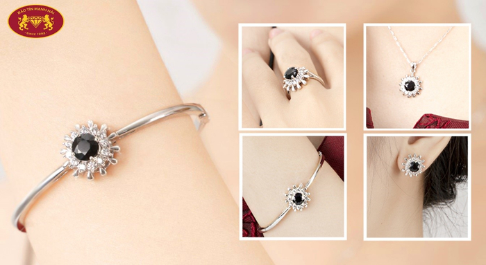 Trang sức vàng trắng gắn đá Saphire đen không chỉ sang trọng mà còn trẻ trung, hiện đại.