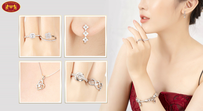 Trang sức vàng trắng gắn kim cương, đá CZ.