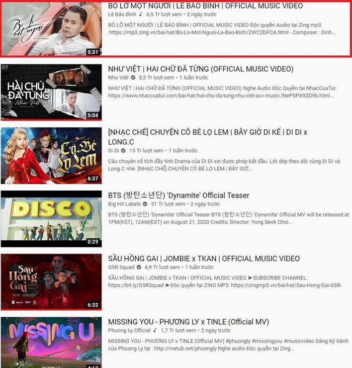Sản phẩm mới đây của Lê Bảo Bình - MV Bỏ lỡ một người cũng leo lên vị trí Top 1 Trending chỉ sau vỏn vẹn hơn 1 ngày ra mắt. 
