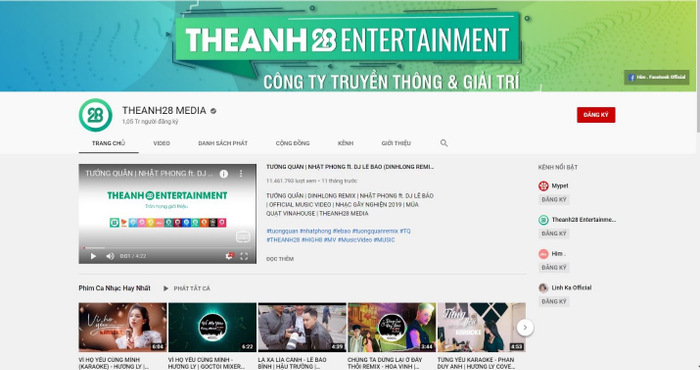 Trên nền tảng Youtube, Theanh28 sở hữu nhiều Channel Youtube “Nút vàng” triệu sub, có một loạt Channel nổi bật như Hương Ly Official, Lê Bảo Bình, Linh Ka Official, Lê Bảo Official, Long Hoàng Official, High8TV,...