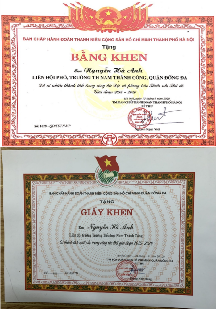 Ở trường, Hà Anh là học sinh vô cùng tích cực trong hoạt động Đội Thiếu niên Tiền phong.