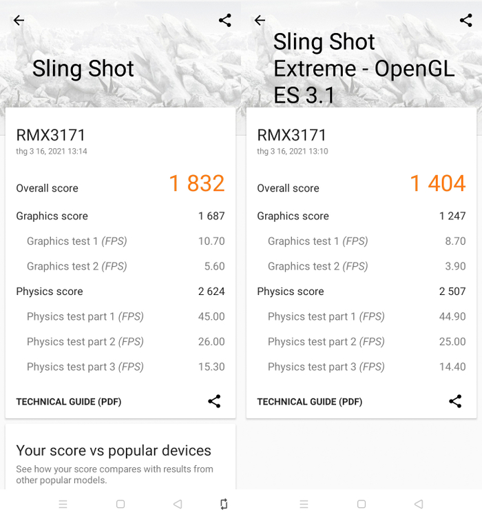 Cuối cùng là phần mềm chuyên dùng để kiểm tra hiệu năng đồ họa có tên 3DMark. Bài test Sling Shot của máy đạt được 1.832 điểm tổng và Sling Shot Extreme – OpenGL ES 3.1 là 1.404 điểm.