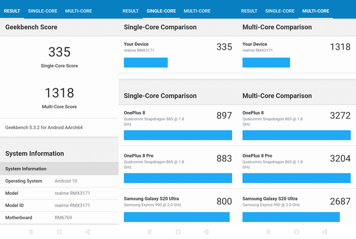 Sử dụng phần mềm Geekbench 5 để kiểm tra hiệu năng của vi xử lý Helio G85 trên narzo 30A. Điểm số đơn nhân máy đạt được là 335 điểm và đa nhân là 1318 điểm.