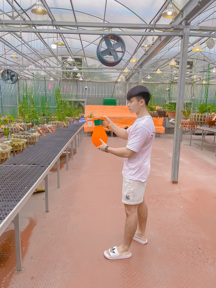 Hằng ngày, anh dành nhiều thời gian chăm sóc cây hoa lan.