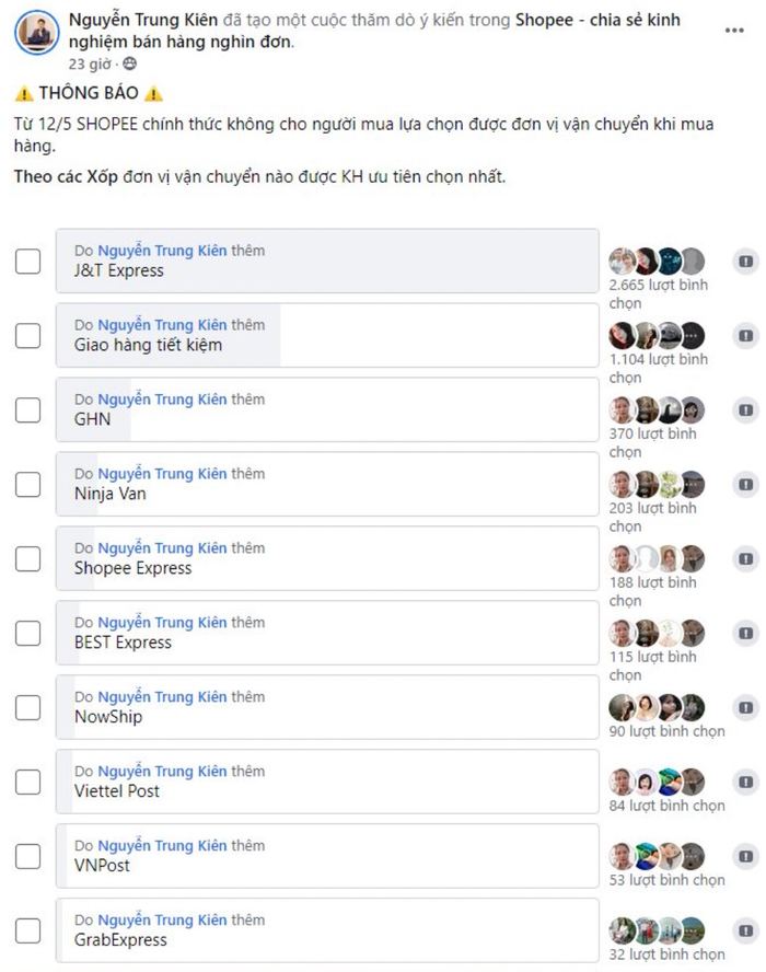 Kết quả bình chọn đơn vị vận chuyển được khách hàng ưu tiên chọn nhất trên Nhóm “Shopee – Chia sẻ kinh nghiệm bán hàng nghìn đơn”.