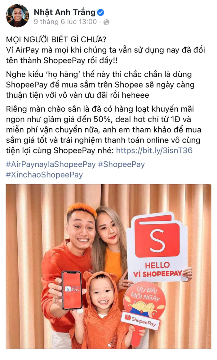 Nhật Anh Trắng và gia đình tin tưởng ShopeePay sẽ mang đến nhiều tiện lợi khi thanh toán