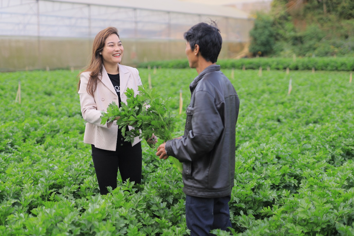 Chị Hoài đi thăm nông dân vùng trồng cần tây Đà Lạt