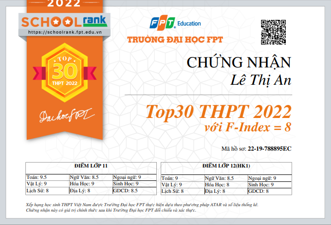 Giấy chứng nhận xếp hạng SchoolRank được gửi về qua email cá nhân đã cung cấp