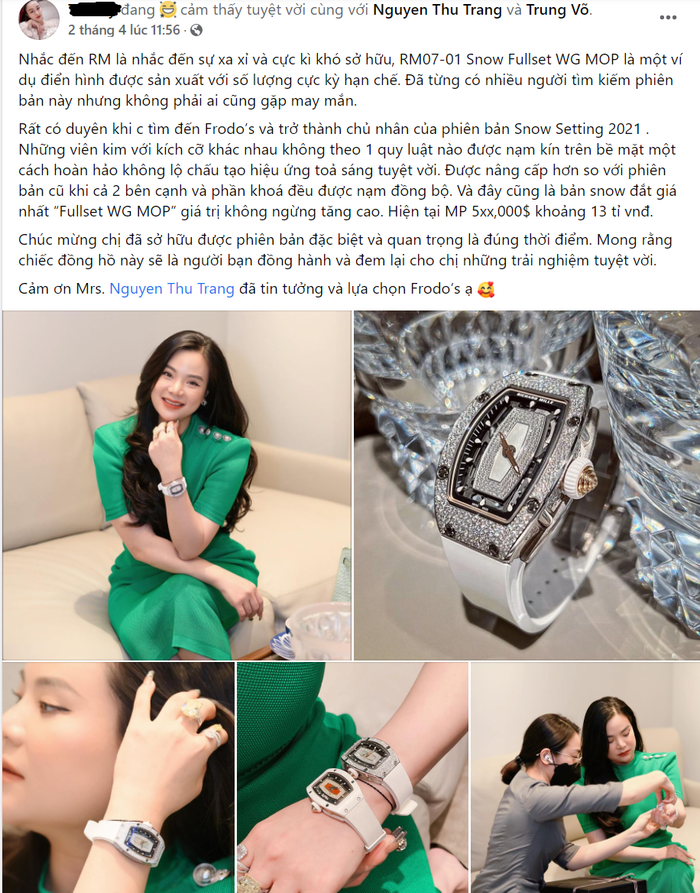 Một tài khoản bất ngờ đăng tải hình ảnh nữ đại gia sở hữu chiếc đồng hồ RM07-01 Snow Fullset WG MOP nạm kim cương có giá khoảng 13 tỉ đồng gây sốc.