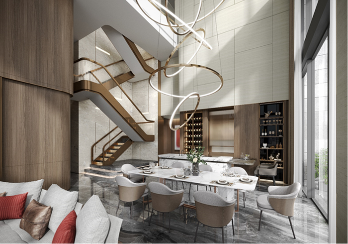 Phối cảnh gian bếp tại căn penthouse duplex mang thương hiệu Marriott – ngôi nhà tương lai của Hà Anh Tuấn.